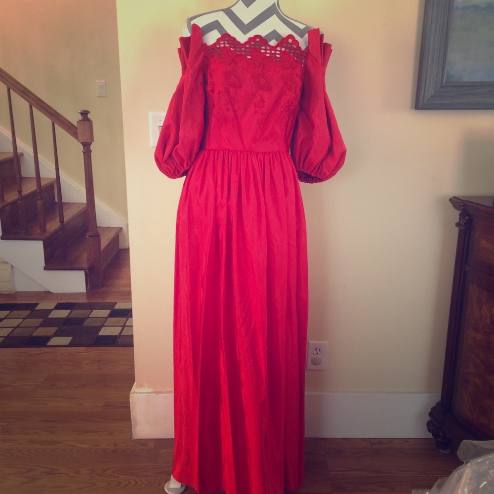 Vintage 80s red full length formal gown